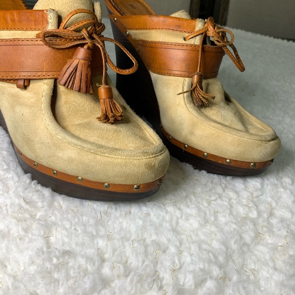 L. A.M.B. By Gwen Stefani tan suade & natural leather wedge clog/mule - Picture 14 of 16